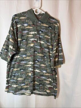 Prides Landing vintage 100% cotton Olive Green Fish-Print Polo